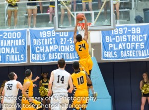East Central senior Jeremy Jones rises for game-winning dunk vs. O'Connor. Jones produced his seventh steal and sealed the win with a dunk 7.7 seconds before the end.