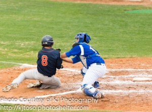 South San catcher Adrian Gallegos tags out a runner at the plate off a strong throw from center fielder Nick Herrera. Gallegos hit a two-run, game-winning home run in the next inning.