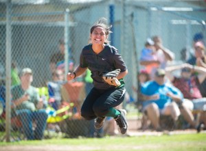 Southwest senior catcher Gabby Flores rejoices over the Dragons' series sweep of San Benito.