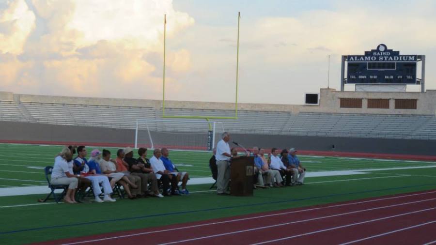 The blue ribbon panel of current and former SAISD athletes, coaches and administrators who spoke at the re-dedication ceremony. KSAT-12 sportscaster Greg Simmons served as master of ceremonies.