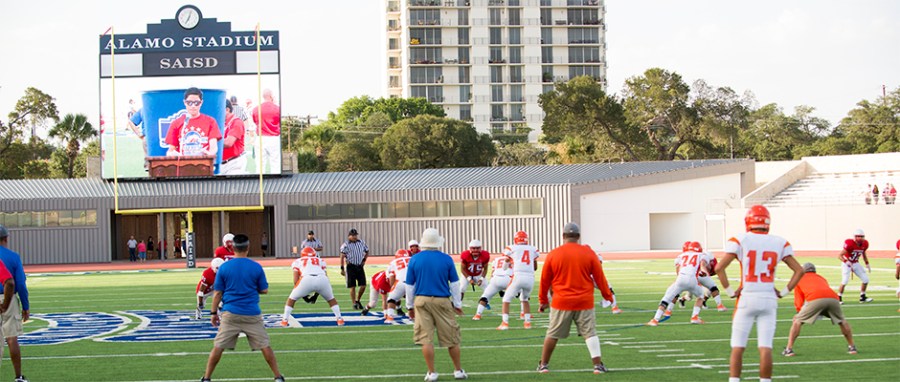 The Mustangs line up for a scrimmage against Laredo United.