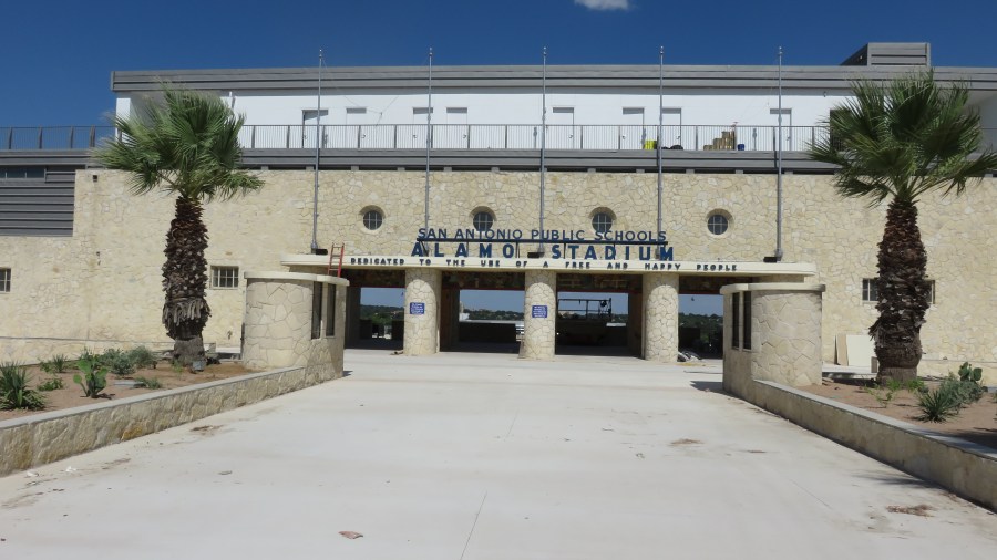 Freshly landscaped entrance to renovated Alamo Stadium. Photo by Mark Lieberman, MDLblog