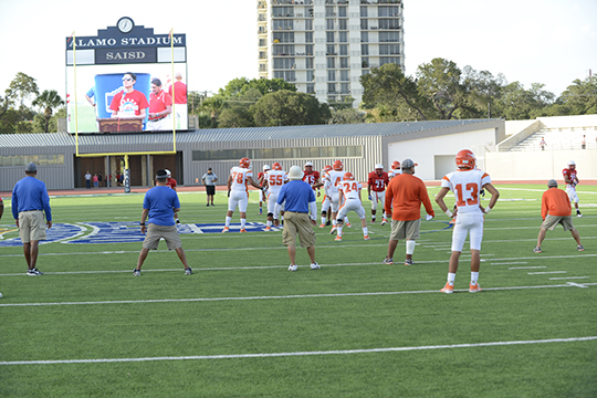 A wide-angle view between plays of the Jefferson-Laredo United scrimmage with the new Alamo Stadium video board in the background.