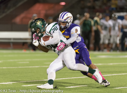 Brackenridge safety Javier Arispe (9) makes an open-field tackle on McCollum's Mike Ramirez.