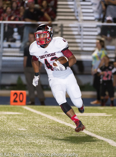 Southside senior receiver Eliud Mendez picks up yardage after the catch. He caught 2 passes for 51 yards against Somerset.