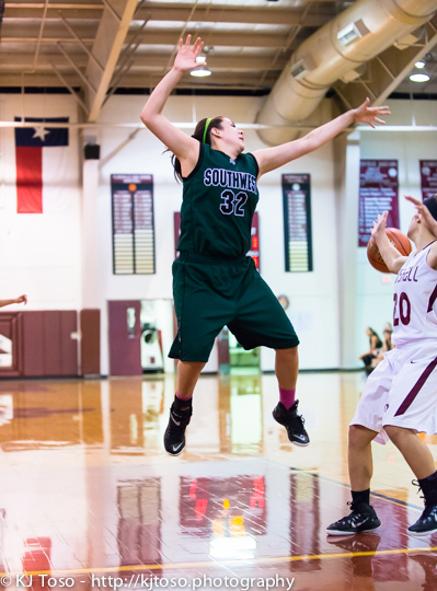 Southwest post Emilee Martinez goes airborne to cut down the Rams player's passing angle.